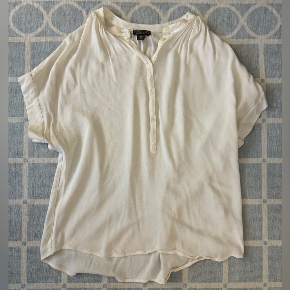 Tan and Cream Relaxed Buttoned Blouse with Mandarin Collar
